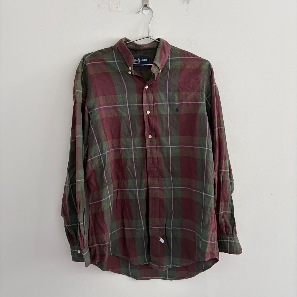 Ralph Lauren Mens Large Plaid Flannel Button Down Shirt Maroon Green Made in USA